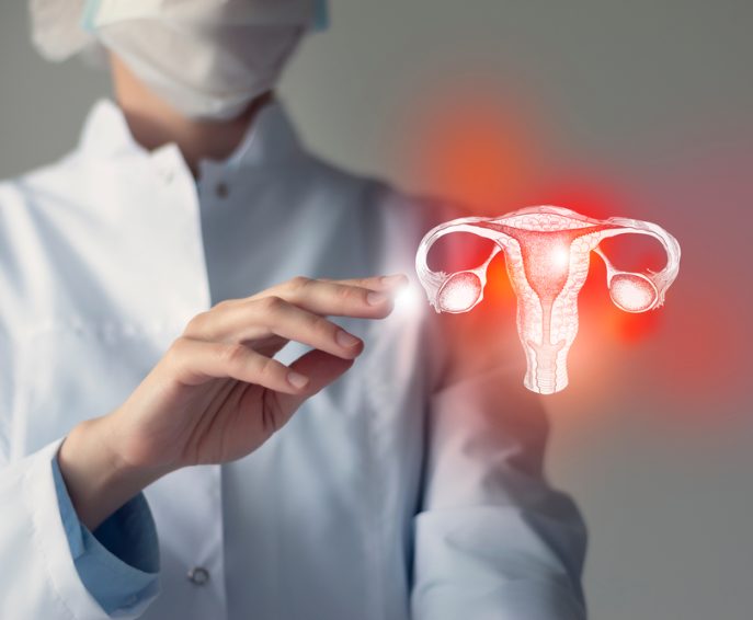 Female,Doctor,Touches,Virtual,Uterus,In,Hand.,Blurred,Photo,,Handrawn